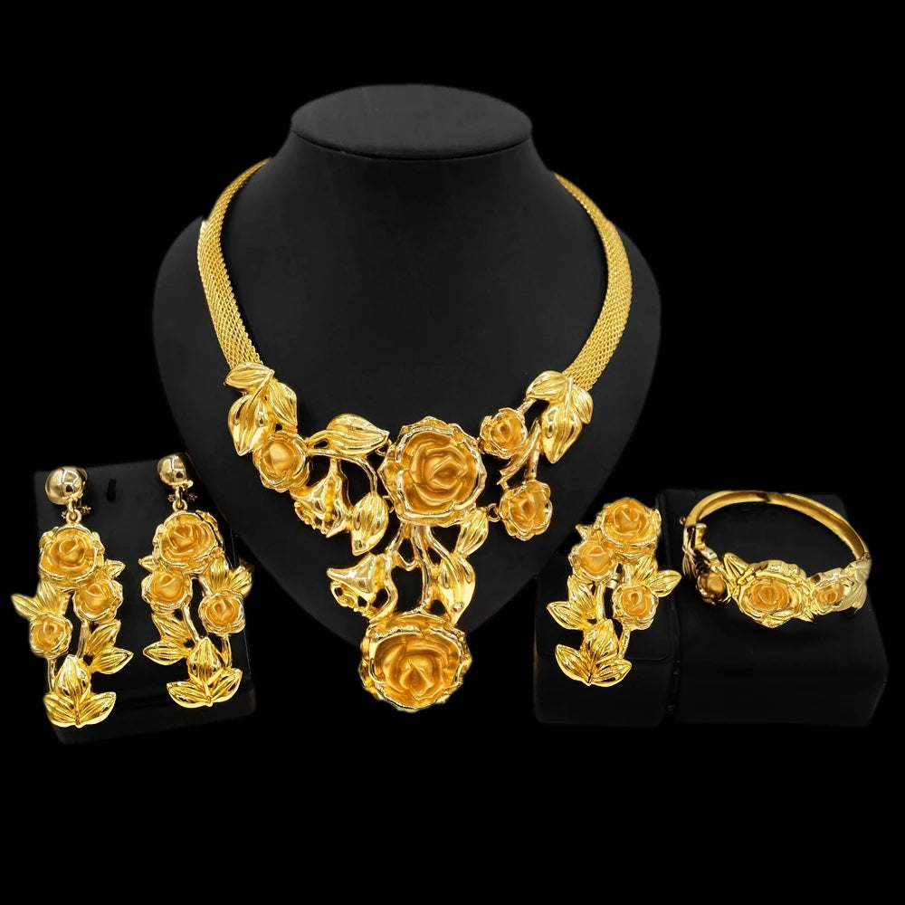 Elegant Women’s Necklace & Flower Ring Jewelry Set – Delicate Gold-Plated Design