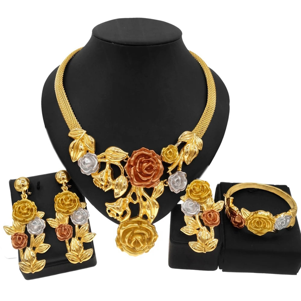 Elegant Women’s Necklace & Flower Ring Jewelry Set – Delicate Gold-Plated Design