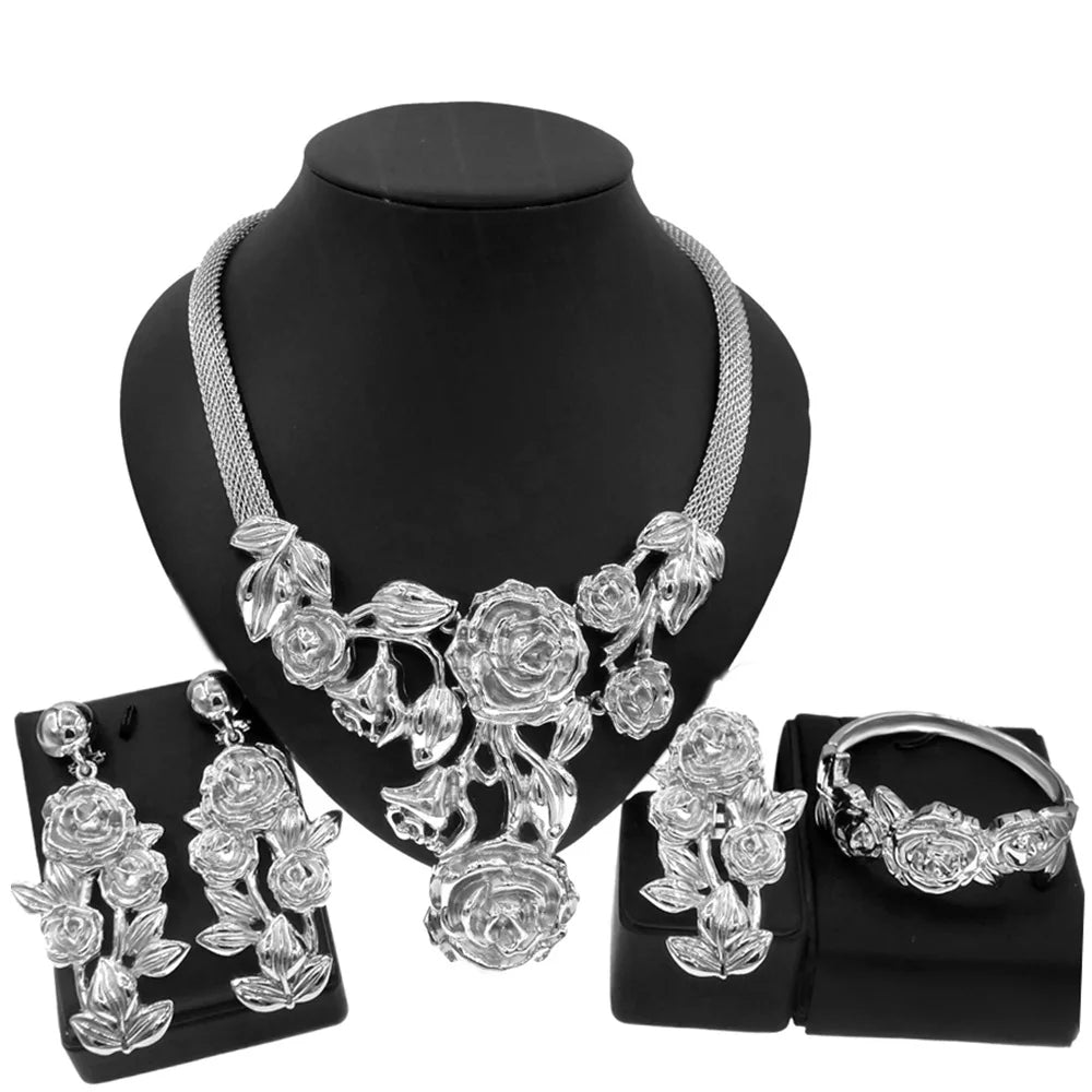 Elegant Women’s Necklace & Flower Ring Jewelry Set – Delicate Gold-Plated Design