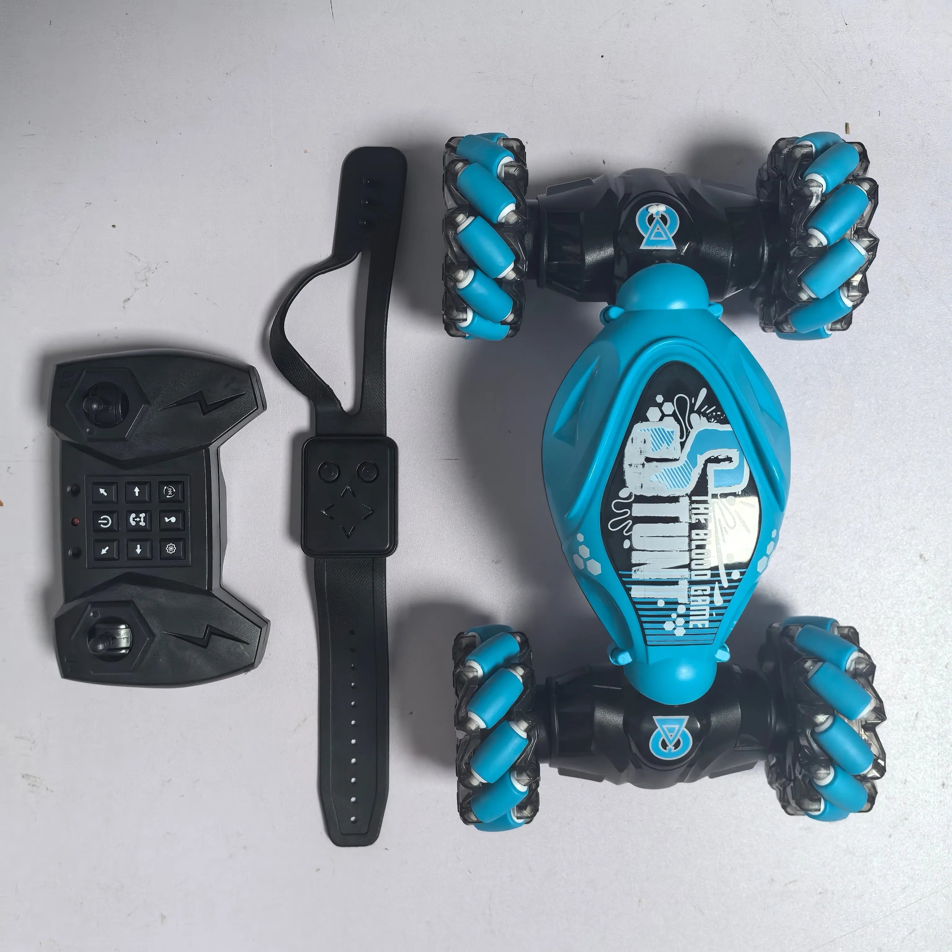 Sky Blue Remote Control Stunt Car with Gesture Watch & 360° Rotation
