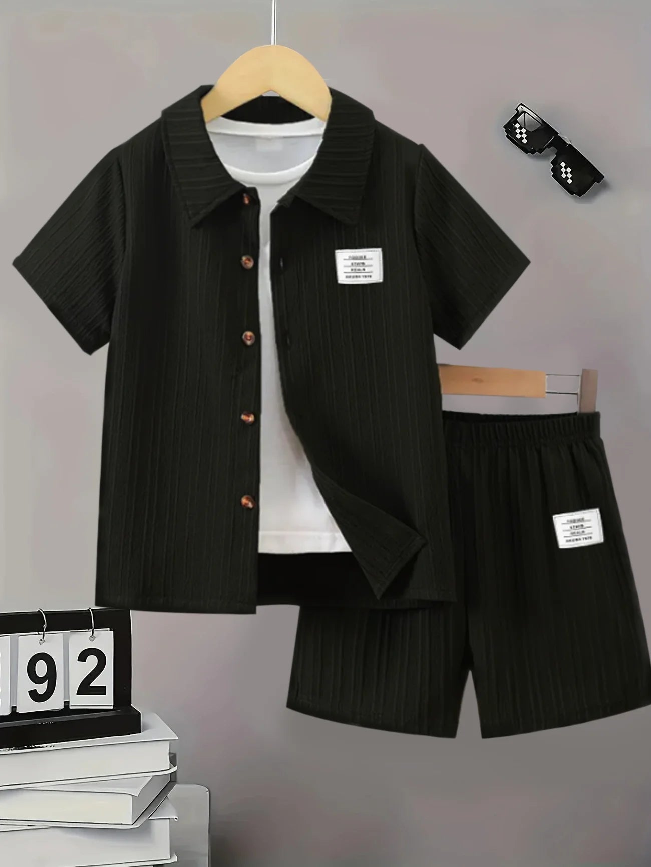 Summer Boys' Casual And Fashionable Black Cardigan Button Shirt Set (Excluding White Innerwear)
