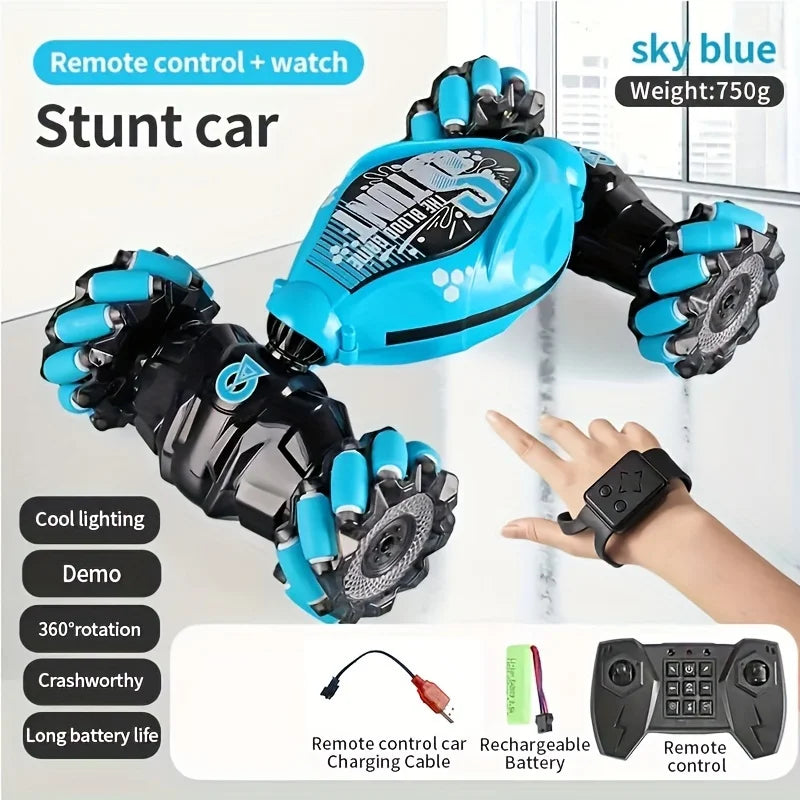 Sky Blue Remote Control Stunt Car with Gesture Watch & 360° Rotation